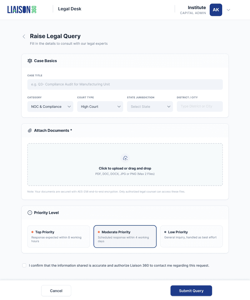 Liaison 360 Legal Desk query form